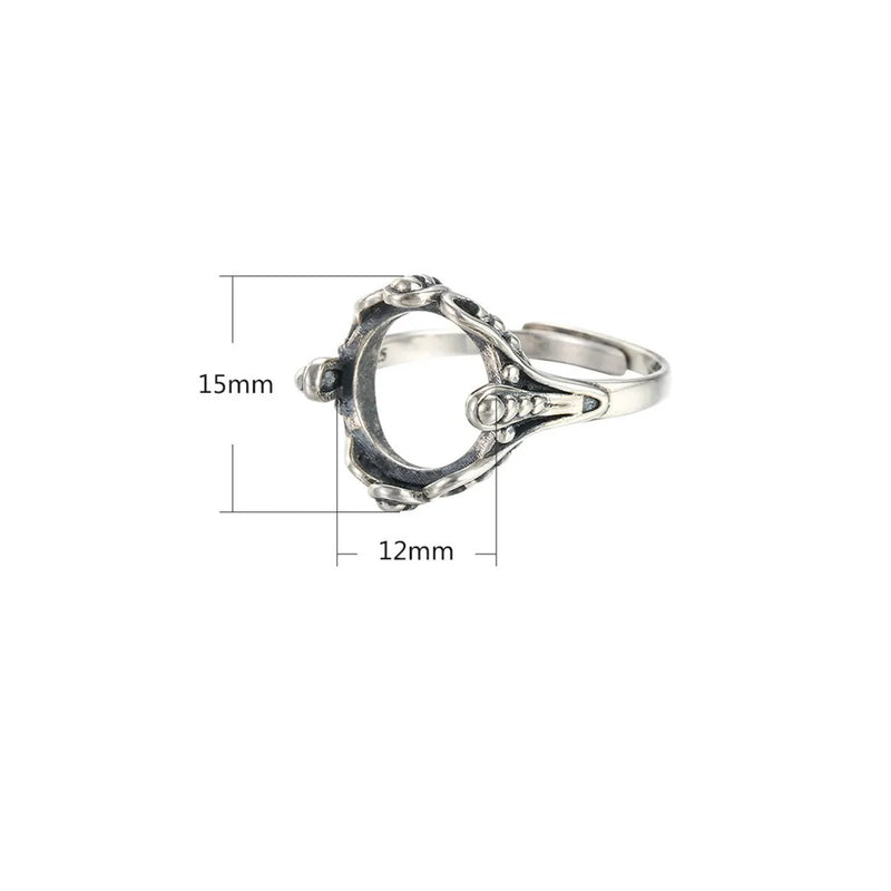 12x12mm Round Cabochon Antique Style Ring Blank Thai Silver Adjustable Base