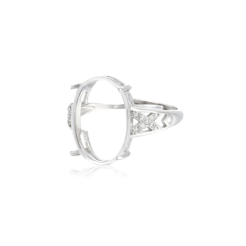 925 Silver Zircon Adjustable Ring Blank for 12x16mm Oval Cabochons