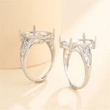 925 Silver Zircon Adjustable Ring Blank for 12x16mm Oval Cabochons