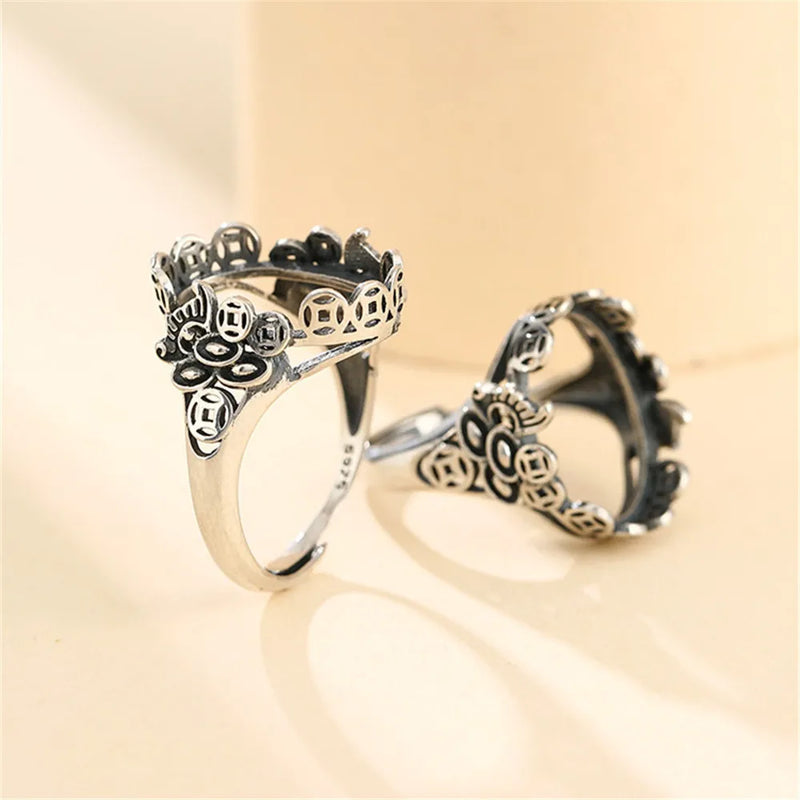 Thai Sterling Silver Oval Cabochon Ring Setting Adjustable Band SR0016