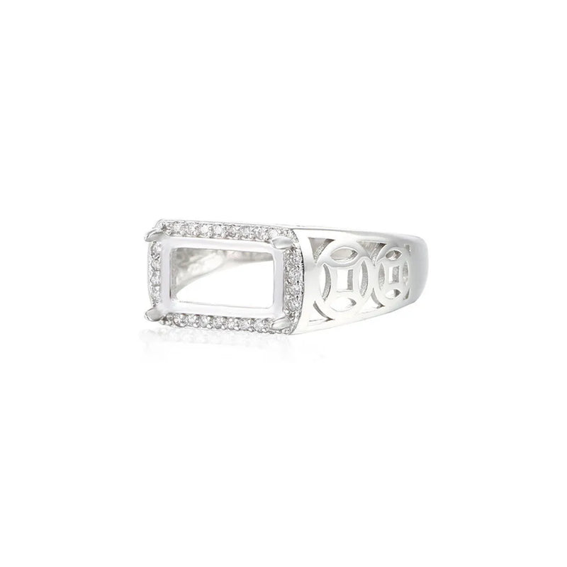 925 Silver Zircon Adjustable Ring Base for 6x11mm Rectangle Cabochons
