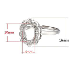 925 Silver Zircon Adjustable Ring Base for 8x10mm Oval Cabochons