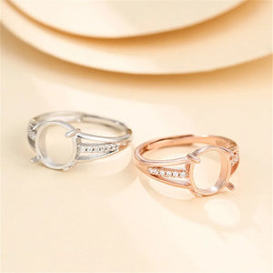 925 Silver Zircon Adjustable Ring Blank for 8x9mm Oval Cabochons