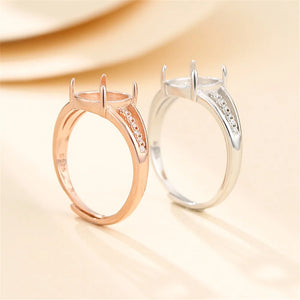 925 Silver Zircon Adjustable Ring Blank for 8x9mm Oval Cabochons