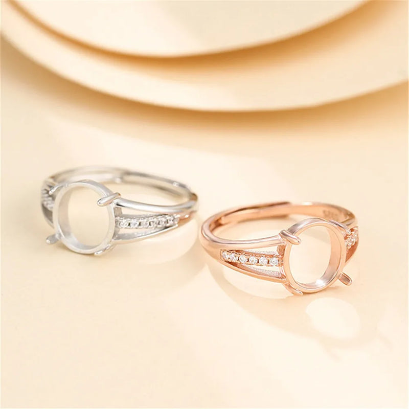 925 Silver Zircon Adjustable Ring Blank for 8x9mm Oval Cabochons
