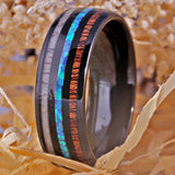 Tungsten Wedding Band with Wood-Fire Opal -Antler Ring