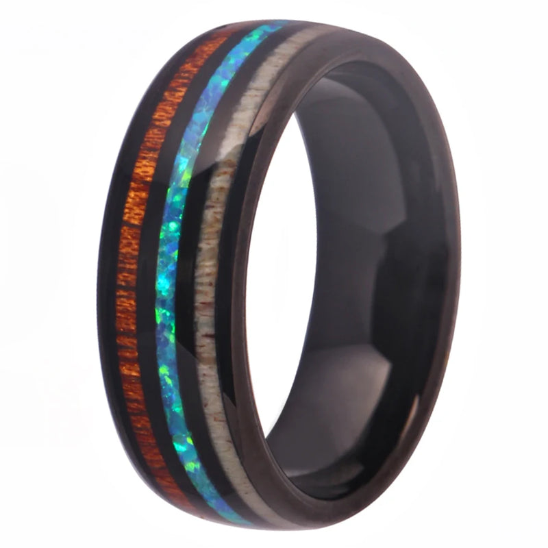 Tungsten Wedding Band with Wood-Fire Opal -Antler Ring