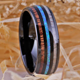 Tungsten Wedding Band with Wood-Fire Opal -Antler Ring