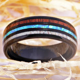 Tungsten Wedding Band with Wood-Fire Opal -Antler Ring