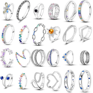 925 Silver Pink Heart Crown Star Moon Snowflake Zircon Rings