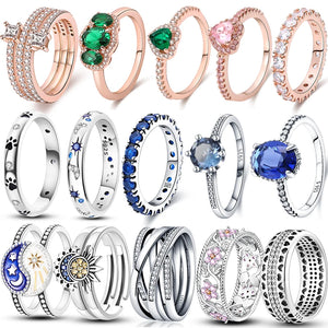 925 Sterling Silver Pink Heart Crown Star Moon Snowflake Zircon Rings