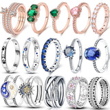 925 Sterling Silver Pink Heart Crown Star Moon Snowflake Zircon Rings
