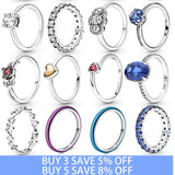 925 Sterling Silver Pink Heart Crown Star Moon Snowflake Zircon Rings