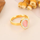 Pink Cat's Eye Stone Rhinestone Wedding Bands Water Droplet Rings