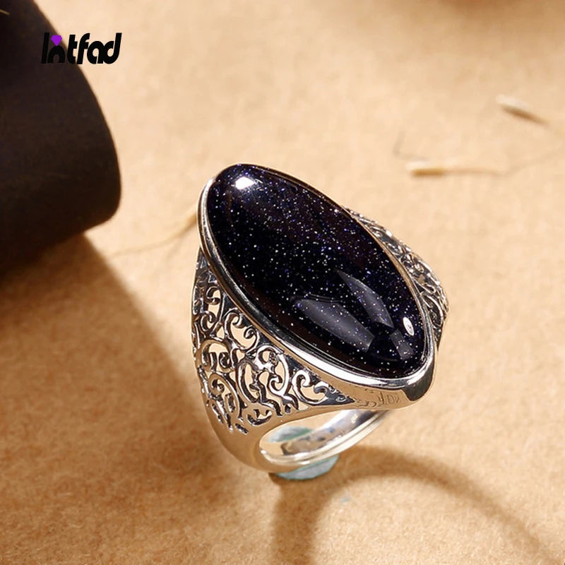 925 Silver Vintage Aventurine Turquoise Hollow Out Ring