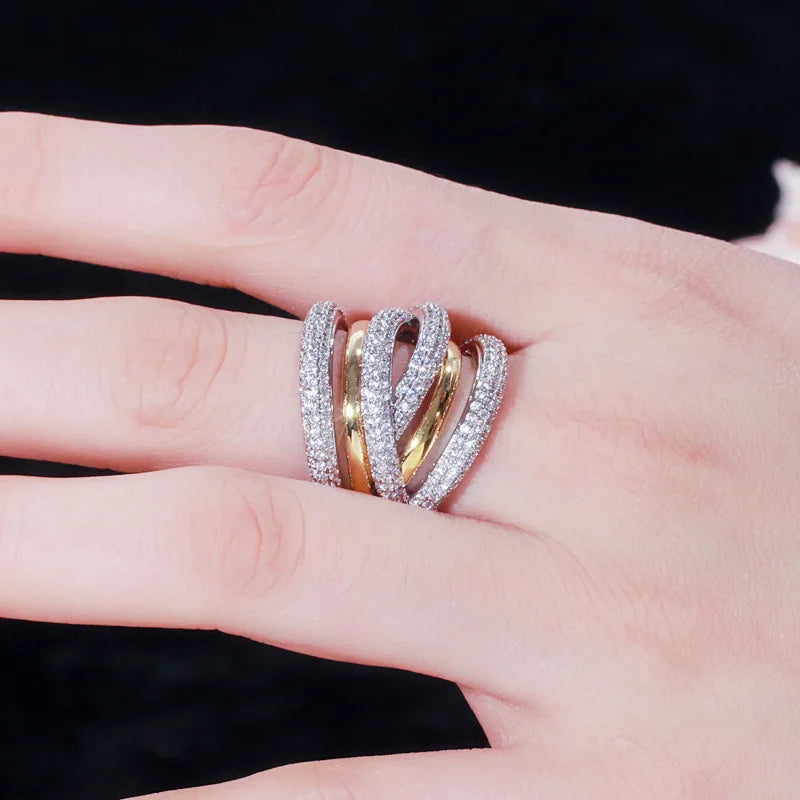 Two Color Layer Cross Zircon Ring Wedding Rings