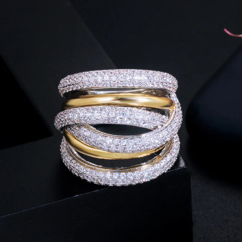 Two Color Layer Cross Zircon Ring Wedding Rings