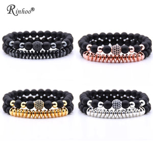 Rinhoo Natural Stone Bead Bracelet CZ Charms Beaded Bangle 8mm Disco Ball