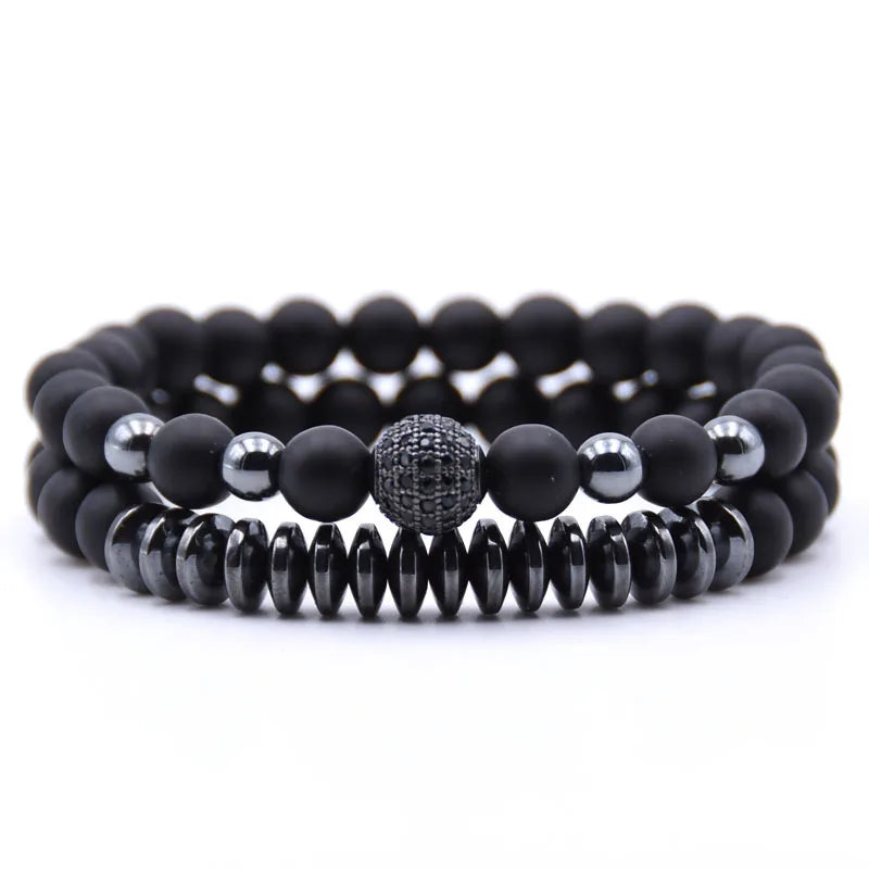 Rinhoo Natural Stone Bead Bracelet CZ Charms Beaded Bangle 8mm Disco Ball