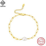 925 Silver Paperclip Chain Bracelet with Baroque Pearl