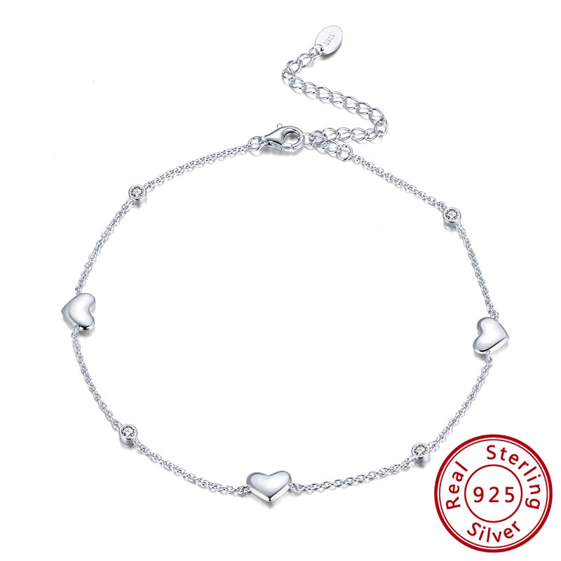 925 Silver Anklet Heart Shape Zirconia Foot Jewelry Anniversary Gift