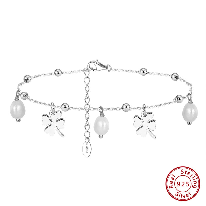 925 Silver Chain Anklets with Pearl & Fourleaf Women's Ankle Jewelry