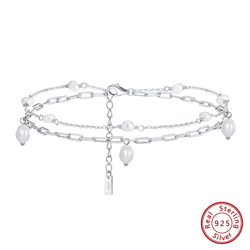 925 Silver Double Layered Pearls Anklet for Women Summer Foot Chain Bracelet