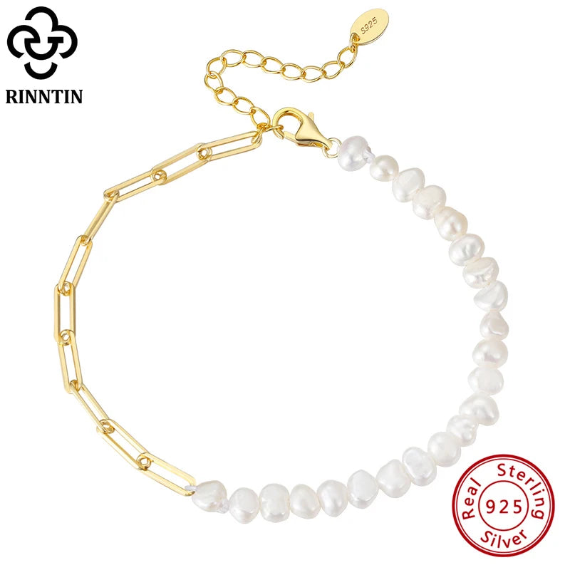 925 Silver Pearl Chunky Link Chain Bracelet Vintage Hand Jewelry
