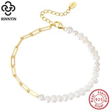 925 Silver Pearl Chunky Link Chain Bracelet Vintage Hand Jewelry
