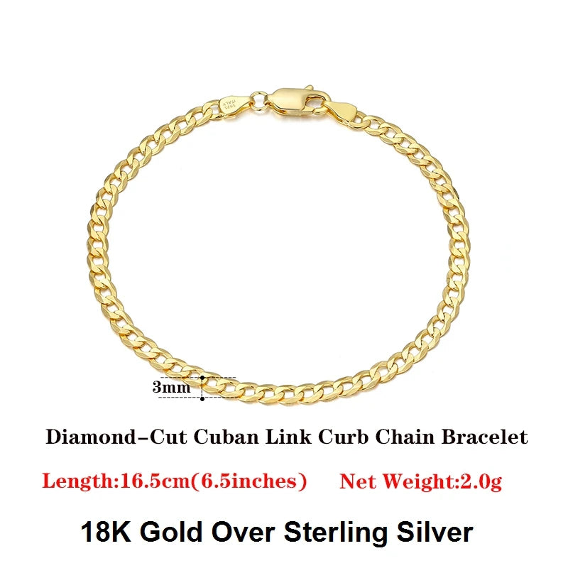 925 Silver 3mm Cuban Chain Bracelet Men Women Italian Link Jewelry SB123