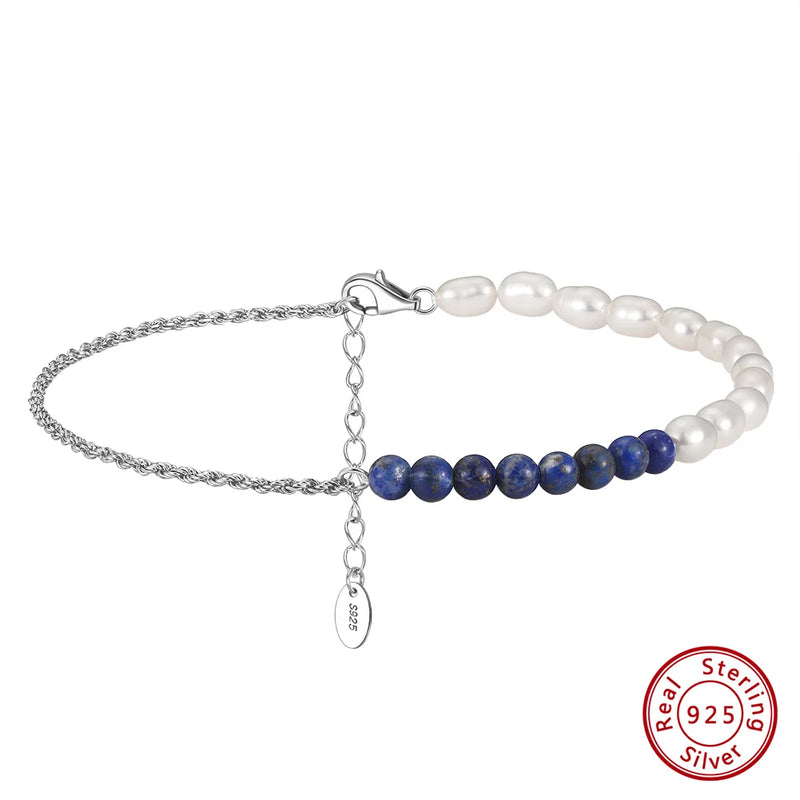925 Silver Lapis Lazuli & Pearls Ankle Bracelet Foot Chain Jewelry