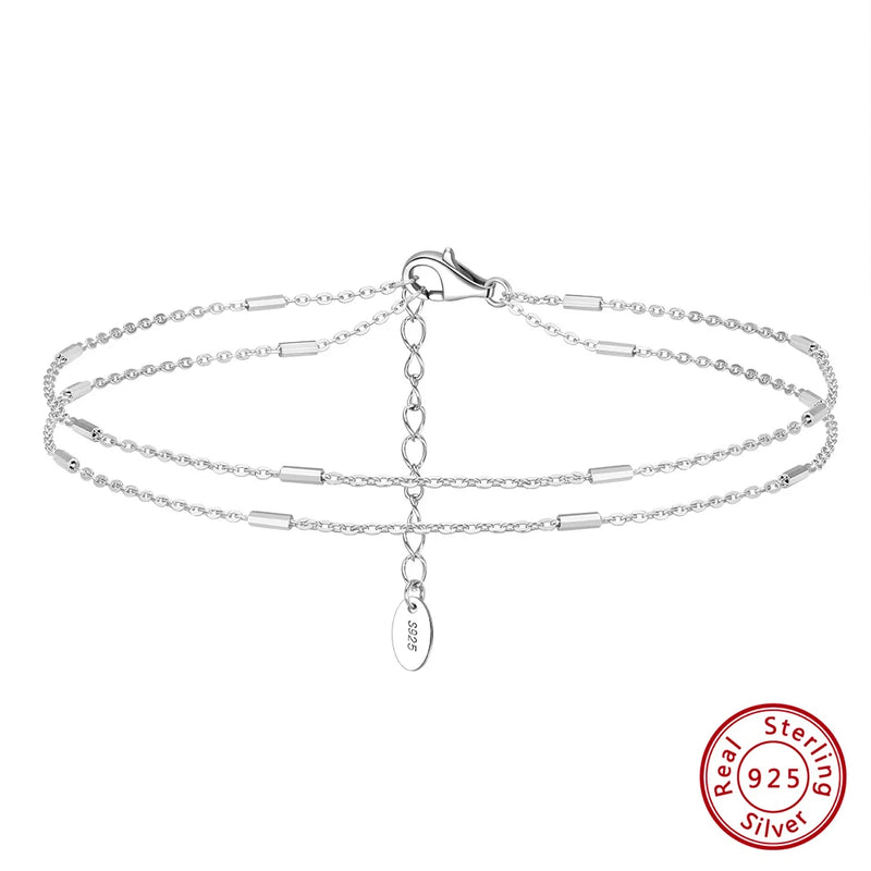 925 Silver Layered Cable Chain Anklet with Bar for Women Foot Jewelry