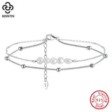 925 Silver Layered Chain&Pearl Anklet for Women Summer Foot Bracelet