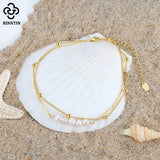 925 Silver Layered Chain&Pearl Anklet for Women Summer Foot Bracelet