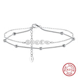 925 Silver Layered Chain&Pearl Anklet for Women Summer Foot Bracelet