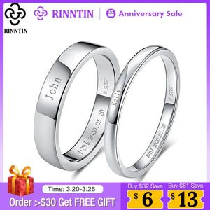 925 Silver Geometric Couple Ring Wedding Engagement Engrave Words