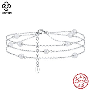925 Silver Three Layer Natural Pearls Anklets for Women Foot Bracelet