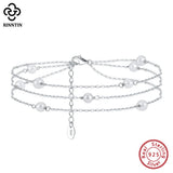 925 Silver Three Layer Natural Pearls Anklets for Women Foot Bracelet
