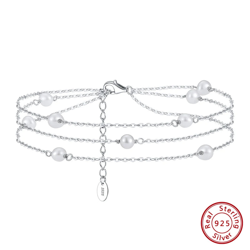 925 Silver Three Layer Natural Pearls Anklets for Women Foot Bracelet