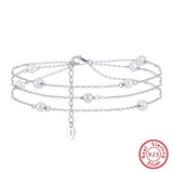 925 Silver Three Layer Natural Pearls Anklets for Women Foot Bracelet