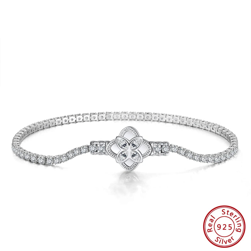 925 Silver Rotatable Clover Tennis Bracelet with 2mm CZ for Women