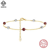925 Sterling Silver Garnet Bead Ball Chain Anklet
