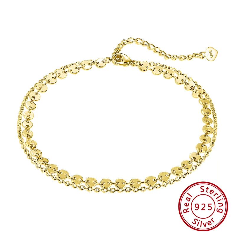 925 Silver Coin Cable Double Layer Anklet Chain for Women