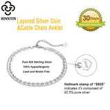 925 Silver Coin Cable Double Layer Anklet Chain for Women
