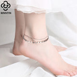 925 Silver Coin Cable Double Layer Anklet Chain for Women