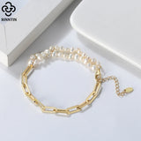 925 Silver Paperclip Chain Natural Pearl Double Strand Bracelet