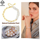 925 Silver Paperclip Chain Natural Pearl Double Strand Bracelet