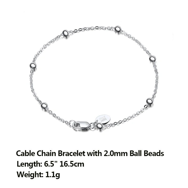 Italian 925 Silver Cable Chain Bracelet With Ball 6.5-8 Inch Size
