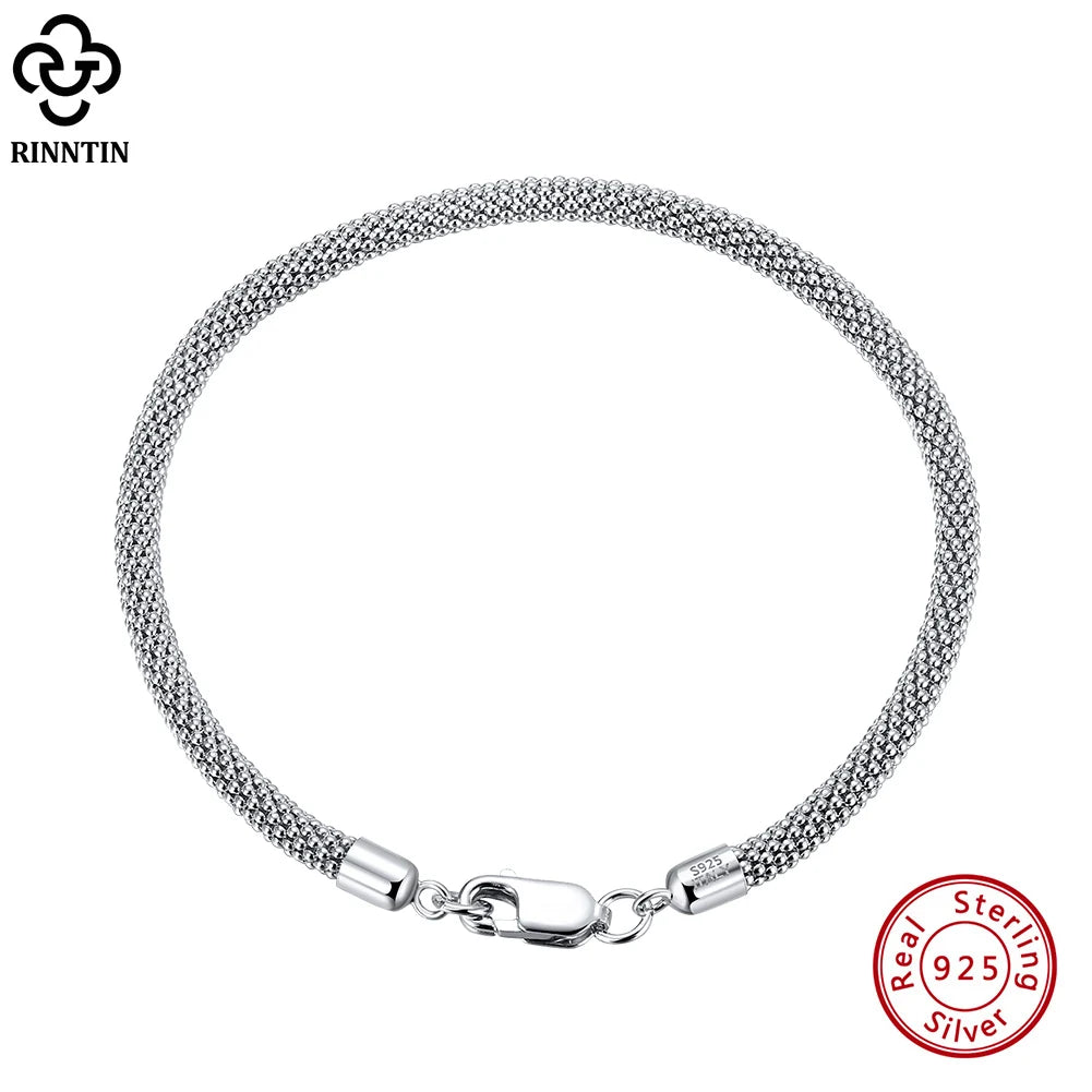 Italian 925 Silver 3mm Mesh Popcorn Chain Bracelet Unisex