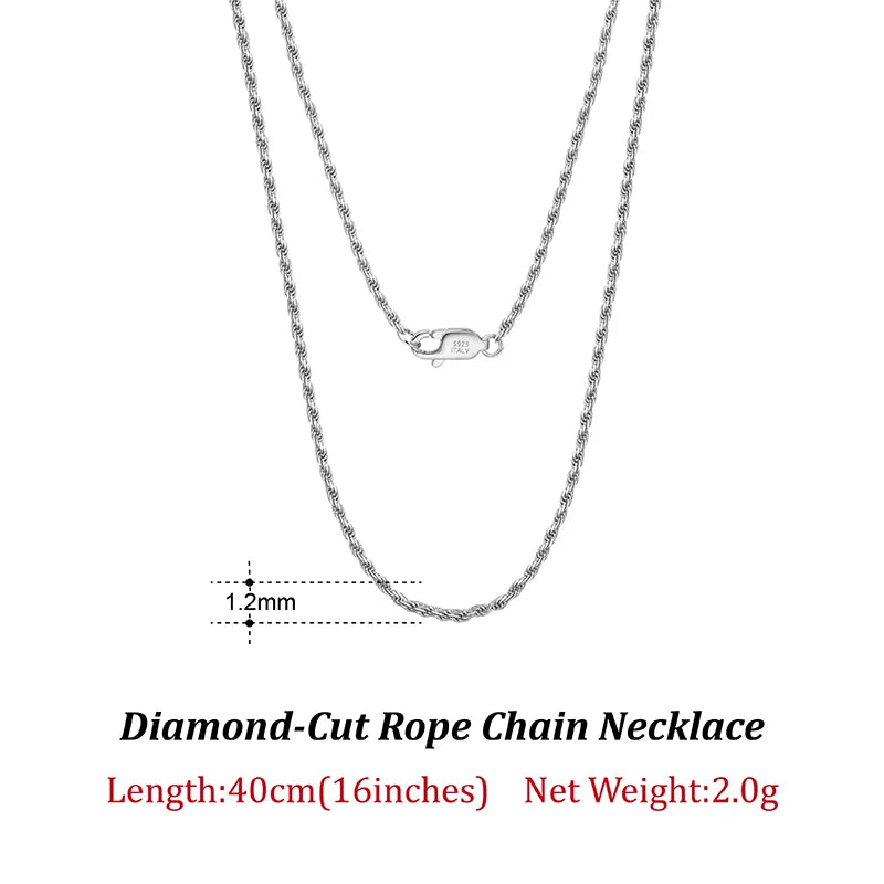 925 Silver Diamond-Cut Rope Chain Necklace Men Women Italian Silver Neck Chain